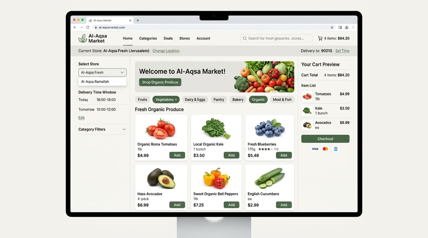 Al-Aqsa Multi-Store E-Commerce storefront and order management platform preview