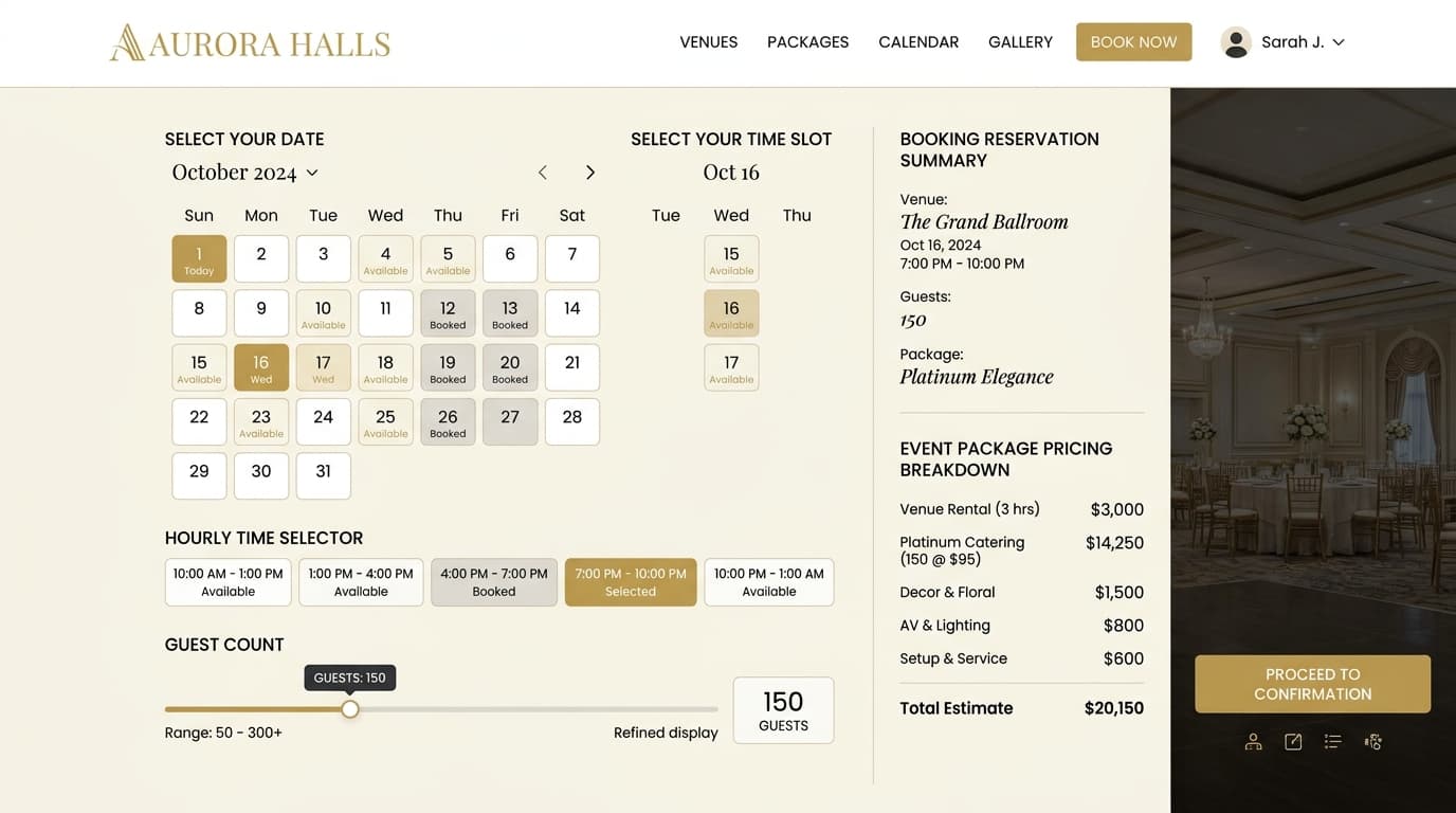 Party Hall Booking & Operations Platform availability calendar and booking portal preview